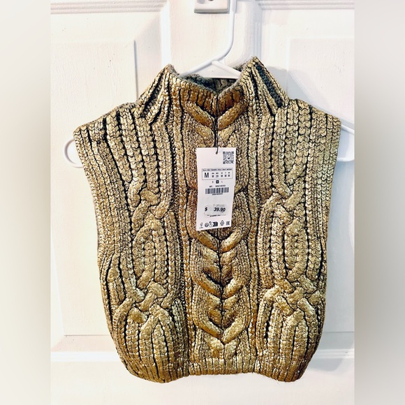 Zara NWT Cable Knit Sweater Vest Special Foil Print Finish Golden Metallic Sz M - Picture 3 of 9